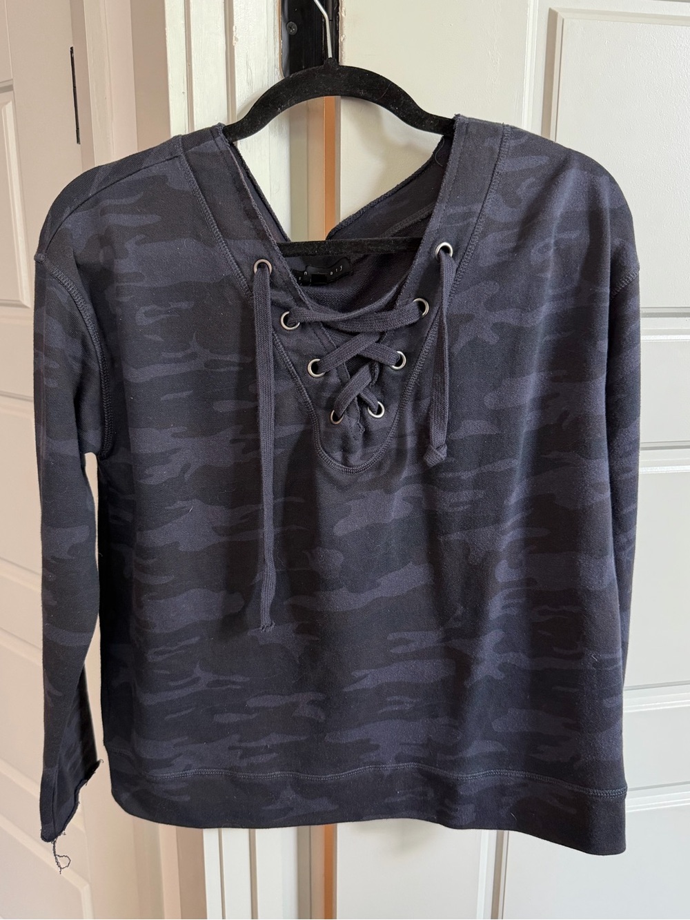 Sanctuary Camo Lace Up Pullover with Raw Edges